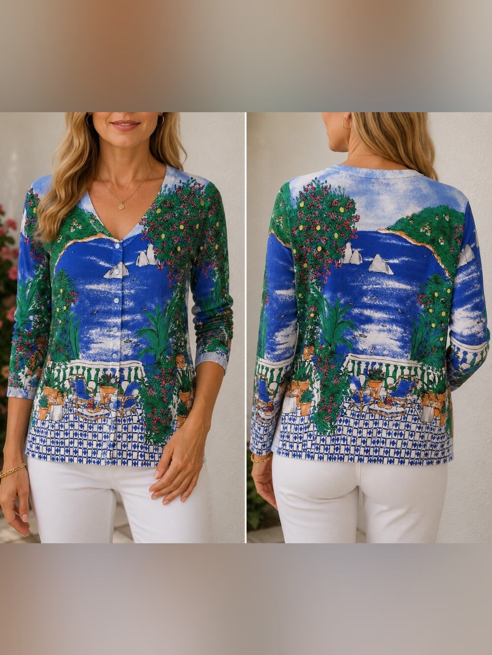 Talbots Mediterranean Coastal Cardigan V-Neck Scenic Print Sweater Amalfi Blue L